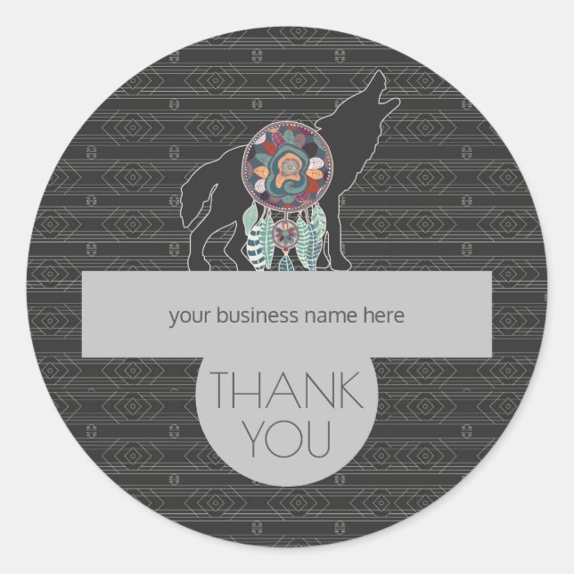 Business Thank You Tribal Wolf Charcoal Grey Classic Round Sticker (Front)