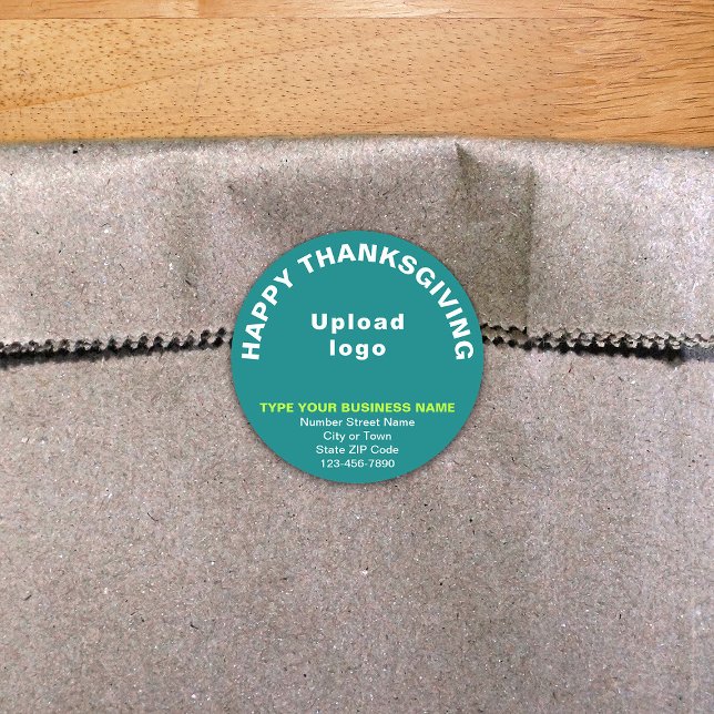 Business Thanksgiving Teal Round Sticker (Thanksgiving greeting with your business brand on teal green round shape sticker.)