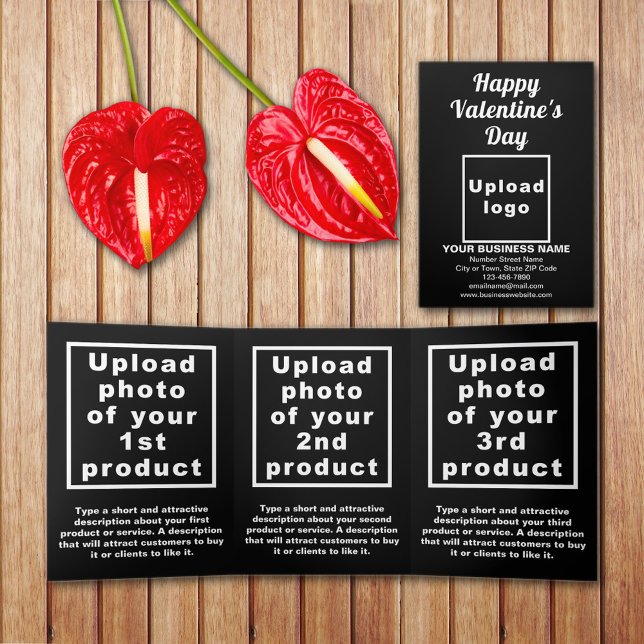 Business Valentine Black Trifold Card (Black Valentine trifold card with your business brand and products or services on table.)