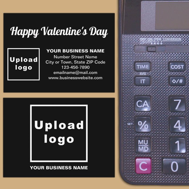 Business Valentine Greeting on Black Enclosure Card (Front and back sides of business Valentine black enclosure card on store desk.)