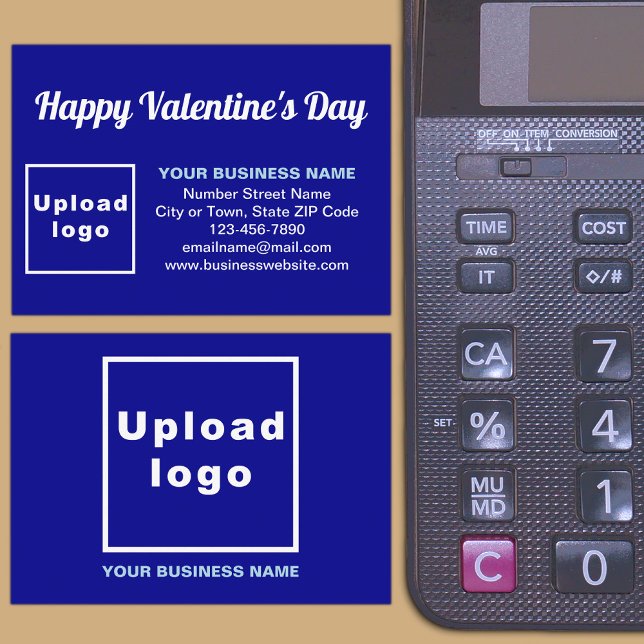 Business Valentine Greeting on Blue Enclosure Card (Front and back sides of business Valentine blue enclosure card on store desk.)
