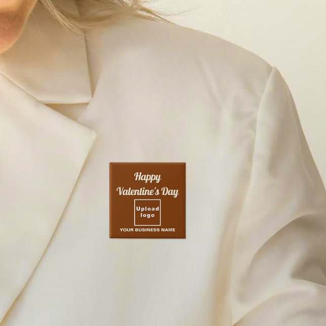 Business Valentine Greeting on Brown Square Button (Business name and logo with Happy Valentine's Day greeting on brown square button.)