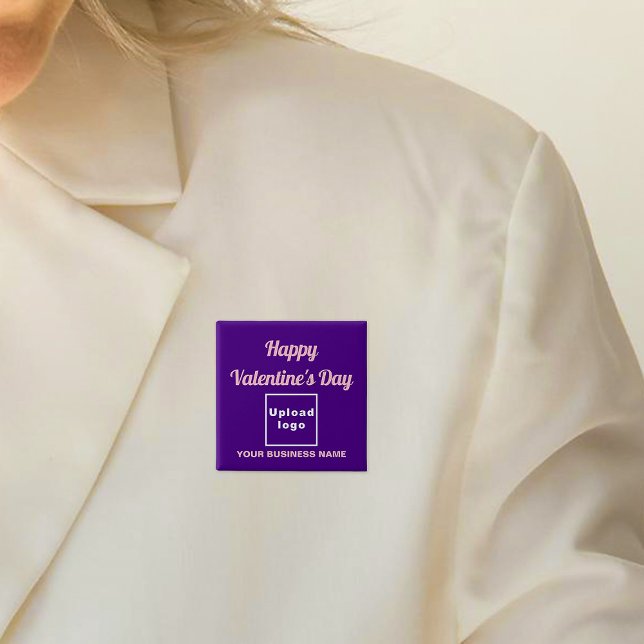 Business Valentine Greeting on Purple Square 15 Cm Square Badge (Business name and logo with Happy Valentine's Day greeting on purple square button.)