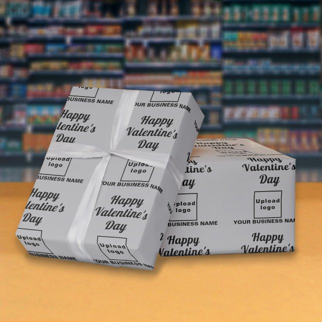 Business Valentine Grey Wrapping Paper (Business name and logo with Happy Valentine's Day greeting on gray wrapping paper)