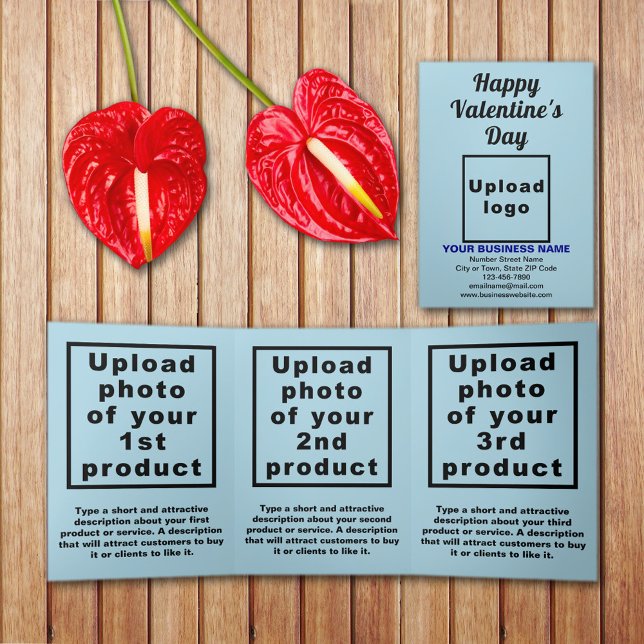 Business Valentine Light Blue Trifold Card (Light blue Valentine trifold card with your business brand and products or services on table.)