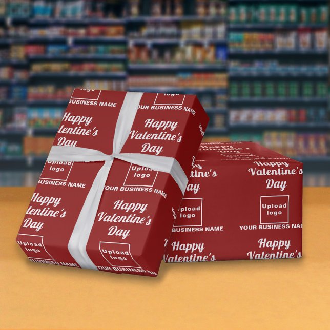 Business Valentine Red Wrapping Paper (Business name and logo with Happy Valentine's Day greeting on red wrapping paper in store.)