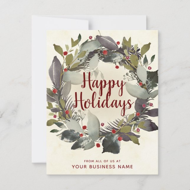 Business Vintage Greenery Wreath Happy Holidays Holiday Card (Front)