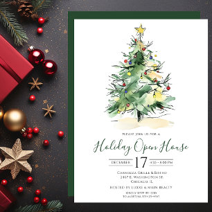 Business Watercolor Christmas Tree Open House Invitation
