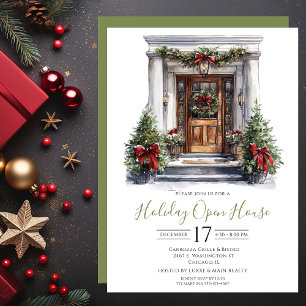 Business Watercolor Front Door Holiday Open House Invitation