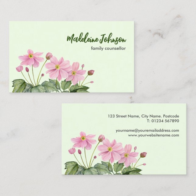 Business Watercolor Gentle Pink Japanese Anemone Business Card (Front/Back)