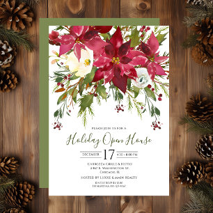 Business Watercolor Poinsettias Holiday Open House Invitation