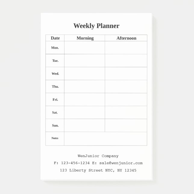Business Weekly Planner Name Address Text Custom Post-it Notes (Front)