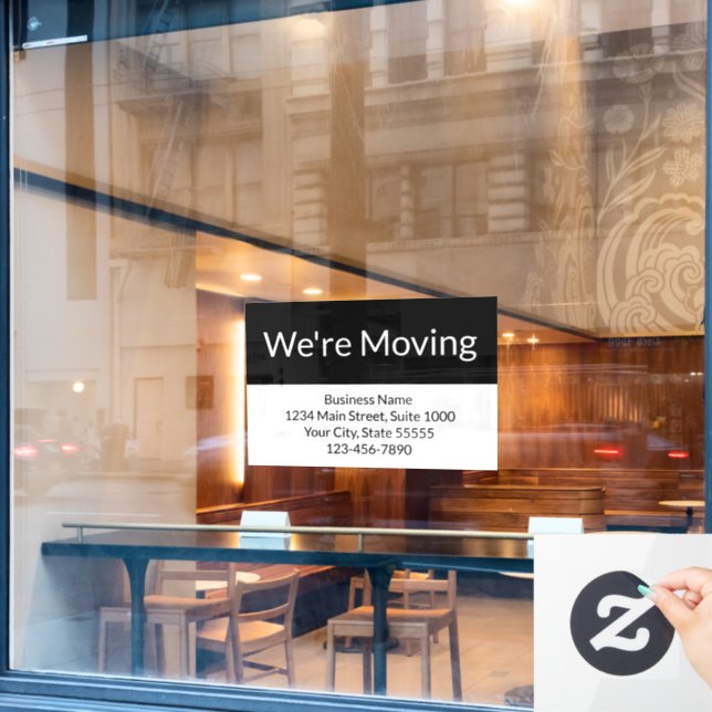 Business We're Moving Announcement Black & White Window Cling (Cafe Window)