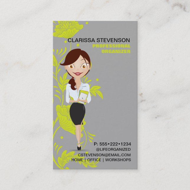Business Woman Character Logo Lime Green Floral Business Card (Front)