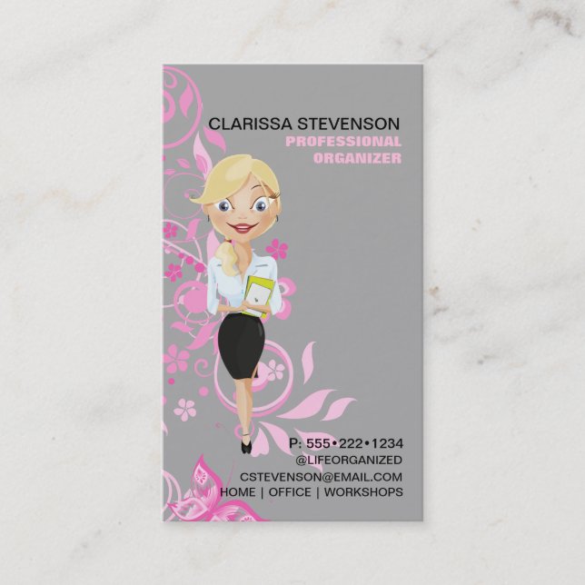 Business Woman Character Logo Pink Floral Business Card (Front)