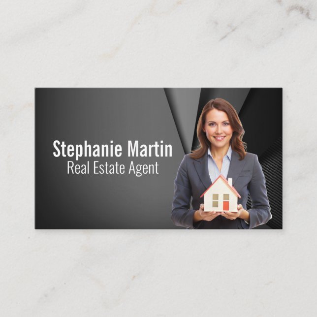 Business Woman Holding Model House | Real Estate Business Card (Front)