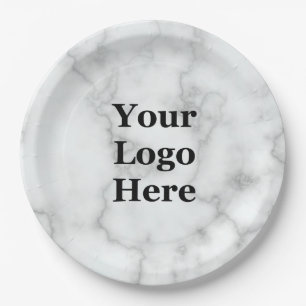 Business Your Logo Here Faux White Marble Paper Plate