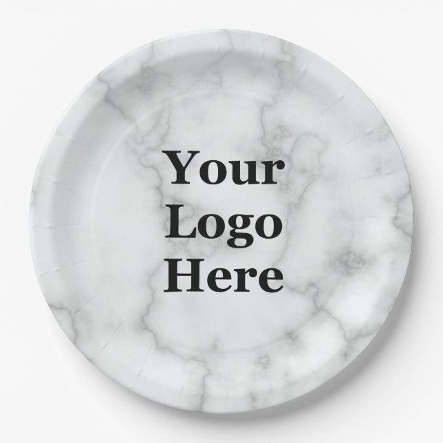 Business Your Logo Here Faux White Marble Paper Plate (Front)