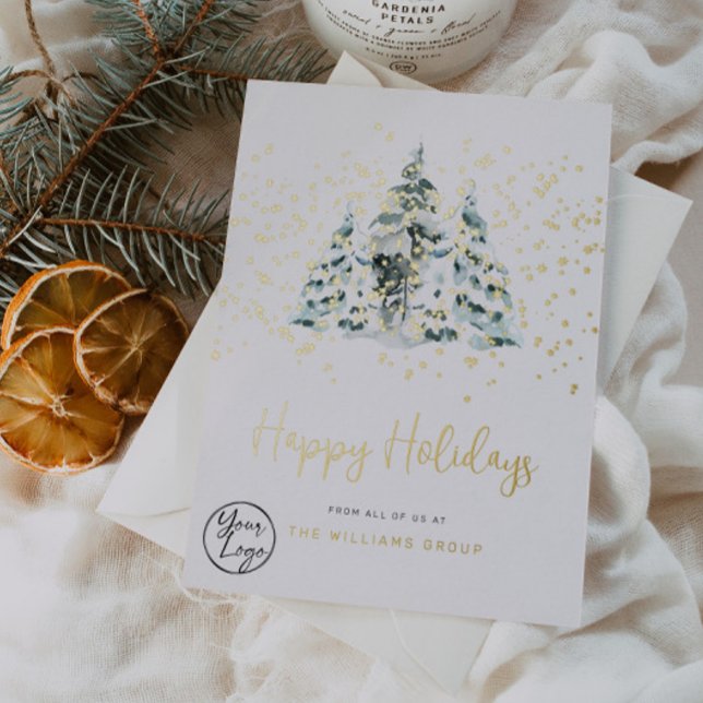 Business Your Logo Snowy Forest Foil Holiday Card (Creator Uploaded)