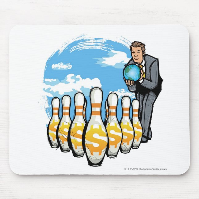 Businessman bowling a globe towards money pins mouse mat (Front)