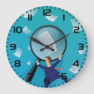 Businessman Giant Magnifying Glass Flying Papers Large Clock