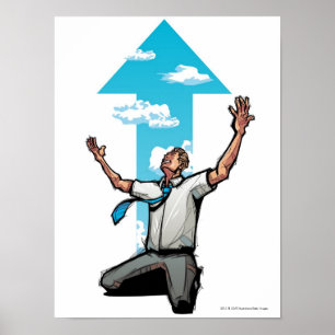 Businessman kneeling, arrow sign in the background