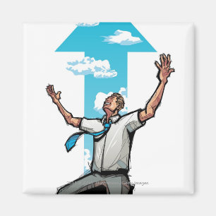 Businessman kneeling, arrow sign in the background magnet