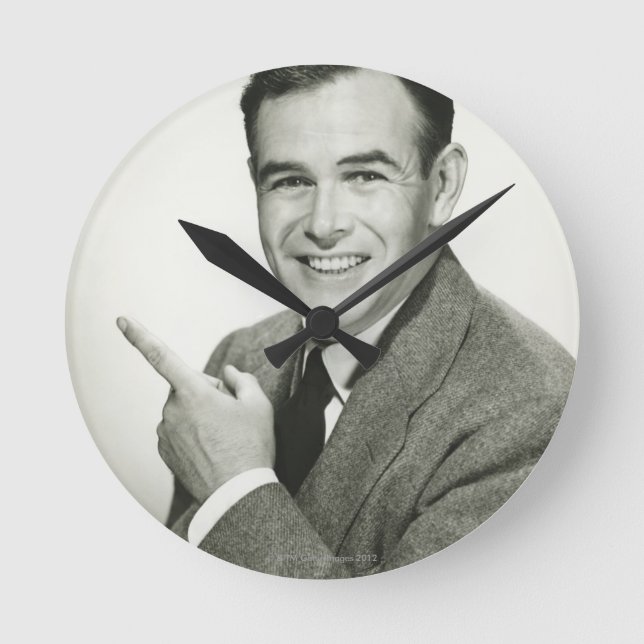 Businessman Pointing Round Clock (Front)