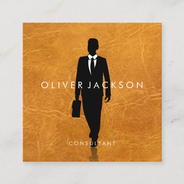 Businessman with Briefcase | Lux Leather Square Business Card (Front)