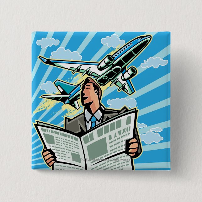 Businessman with newspaper and aeroplane above 15 cm square badge (Front)