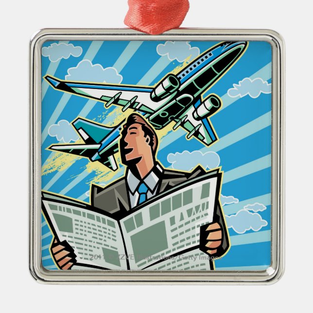 Businessman with newspaper and aeroplane above metal tree decoration (Front)