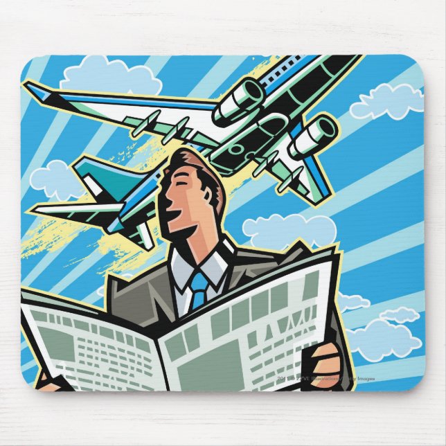 Businessman with newspaper and aeroplane above mouse mat (Front)