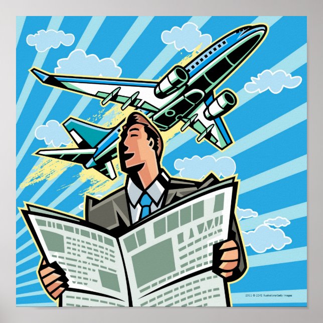 Businessman with newspaper and airplane above poster (Front)