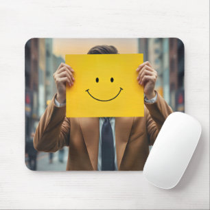 Businessman With Yellow Smile Face Sign Mouse Mat