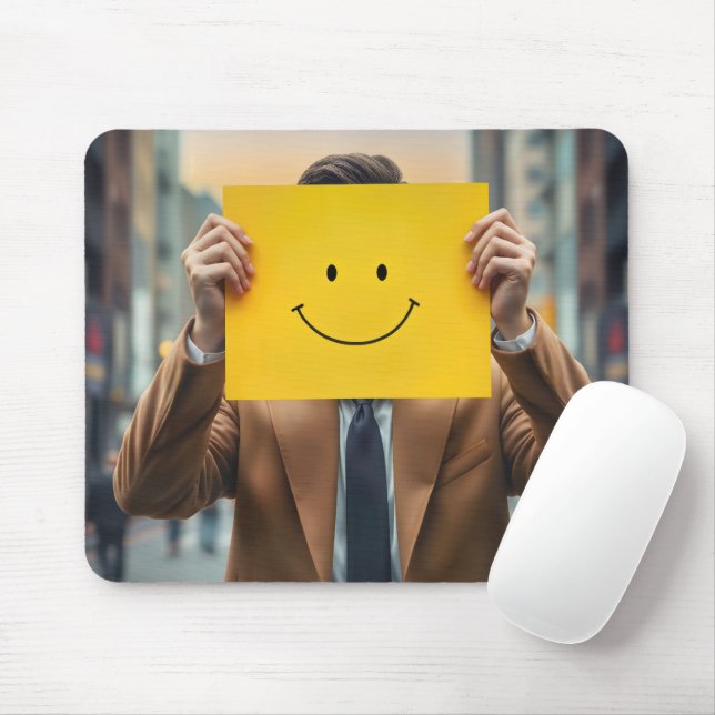 Businessman With Yellow Smile Face Sign Mouse Mat (With Mouse)