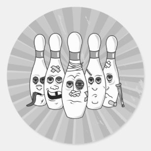 busted up bowling pins greys classic round sticker