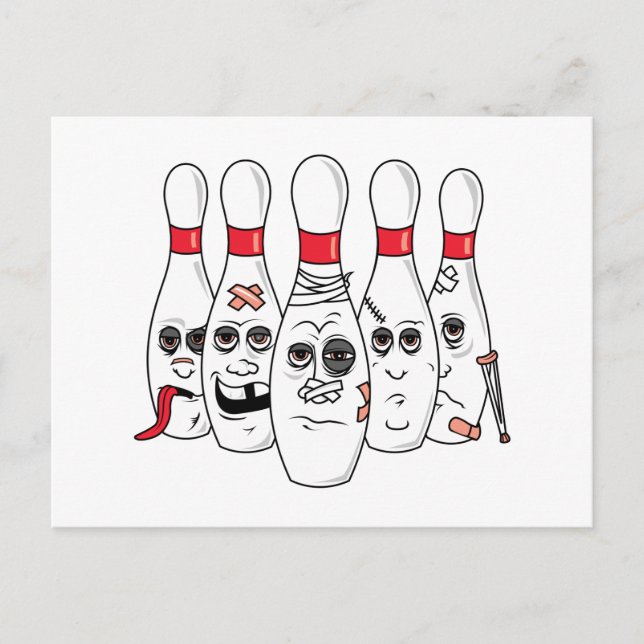 busted up injured bowling pins cartoon postcard (Front)