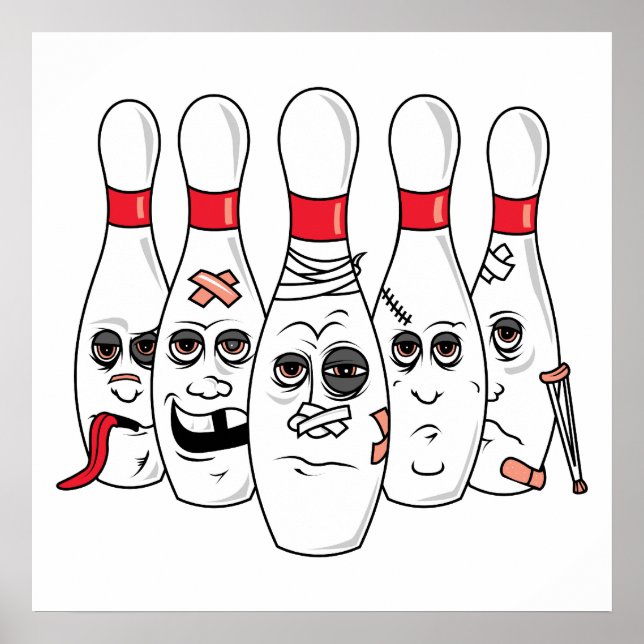 busted up injured bowling pins cartoon poster (Front)