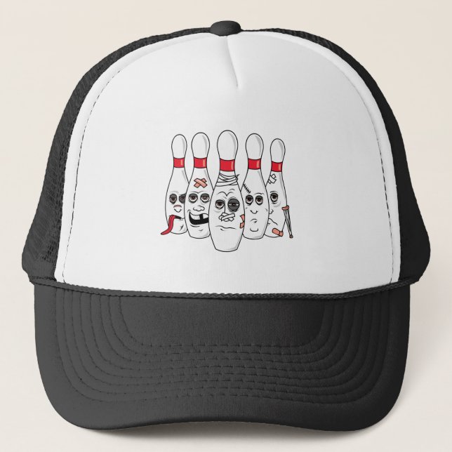 busted up injured bowling pins cartoon trucker hat (Front)