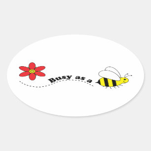Busy as a Bee Happy Bees and Flowers Cartoon Oval Sticker