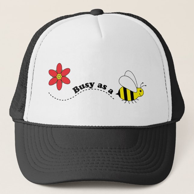 Busy as a Bee Happy Bees and Flowers Cartoon Trucker Hat (Front)