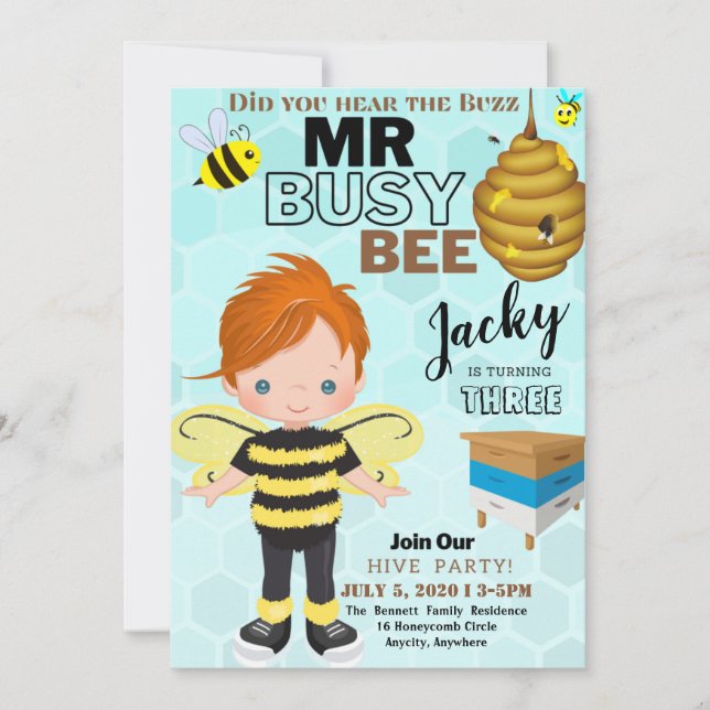 Busy Bee 3 Different Birthday Invitation Card (Front)