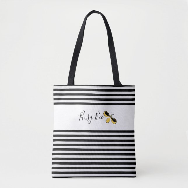 Busy Bee, Black and White Stripes Shoulder Tote Bag (Front)