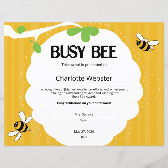 Busy Bee CertificateStudent RecognitionCertificate (Front)