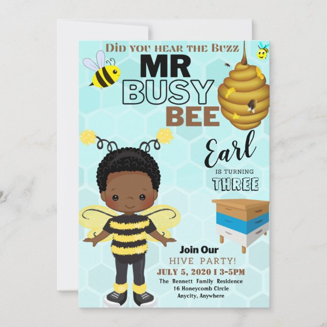 Busy Bee Different Birthday Invitation Card (Front)