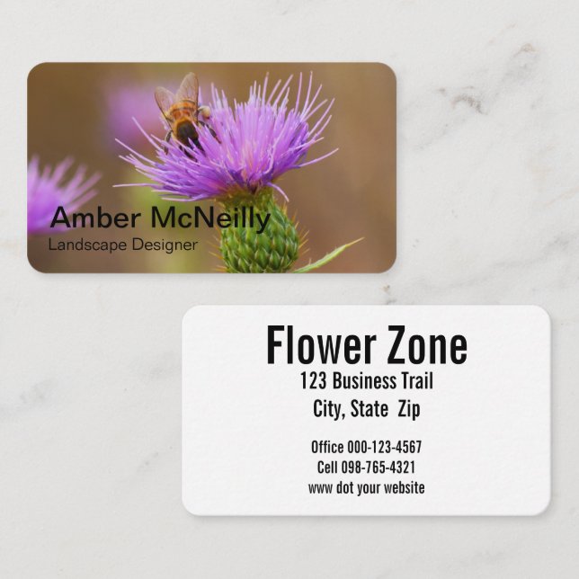 Busy Bee On Purple Thistle Horizontal Format Business Card (Front/Back)