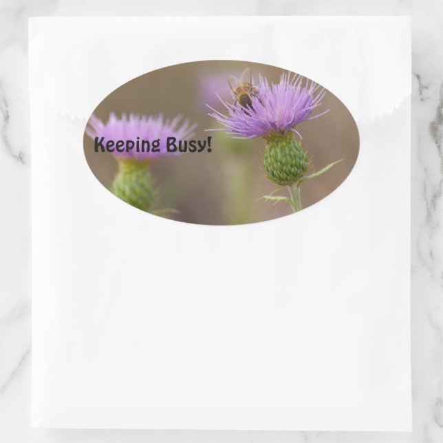 Busy Bee on Purple Thistle Photo Oval Sticker (Bag)