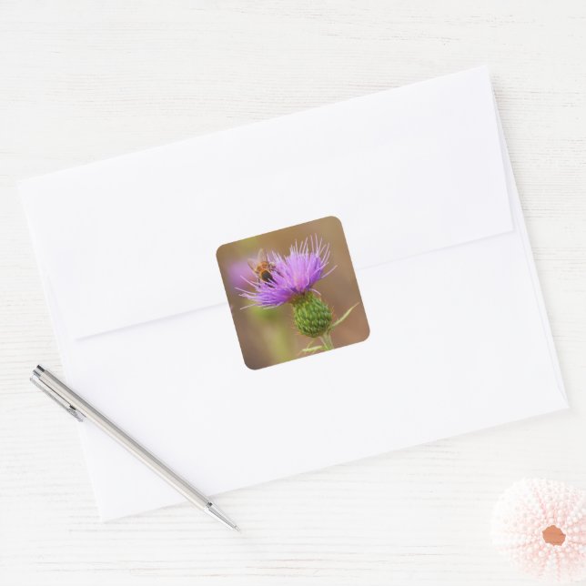 Busy Bee on Purple Thistle Photo Square Sticker (Envelope)