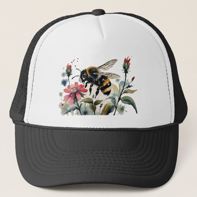 Busy Bee Pollinating Pink Flowers Trucker Hat (Front)