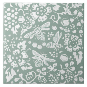 Busy Bee Sage Green Honeycomb Flower Garden Design Tile
